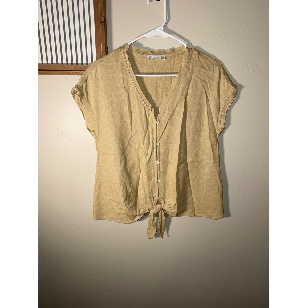 89th‎ + Madison Tan Linen Blend Tie Front Button Up V-Neck Blouse XS